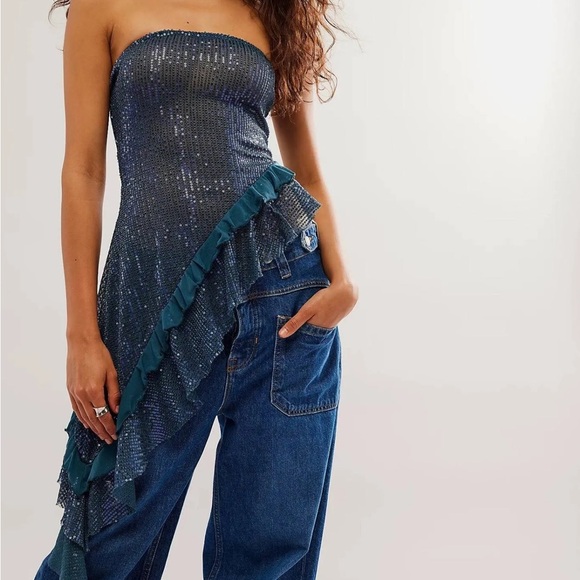 FREE PEOPLE TAYLOR SEQUINS TUBE TOP BLUE MERMAID STYLE ASYMMETRICAL SUMMER S - Picture 2 of 6